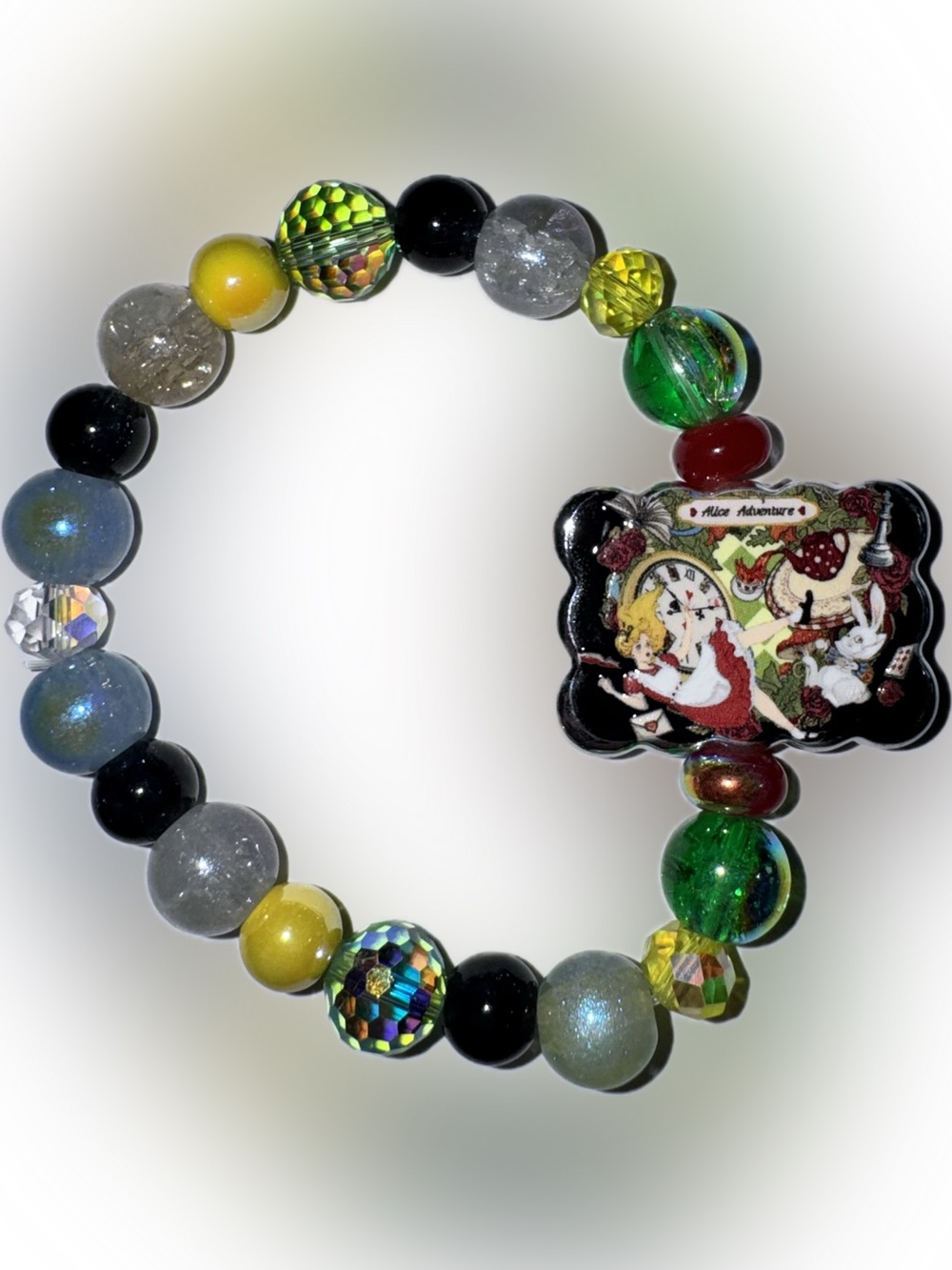 Alice Adventure Charm Beaded Bracelet - Green, Yellow, Black, Red